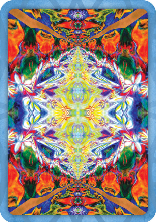 Colorful abstract design with symmetrical patterns on a blue background