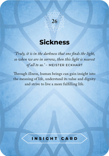 Blue insight card titled 'Sickness' with text and a quote by Meister Eckhart.