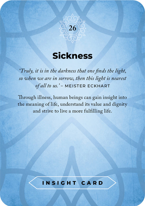 Blue insight card titled 'Sickness' with text and a quote by Meister Eckhart.