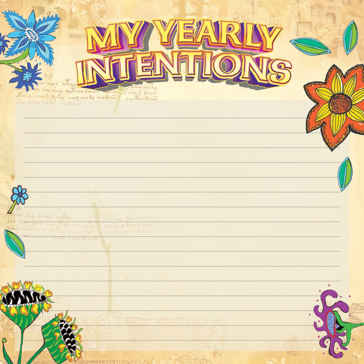 Calander page with 'My Yearly Intentions' text and floral decorations on a beige background