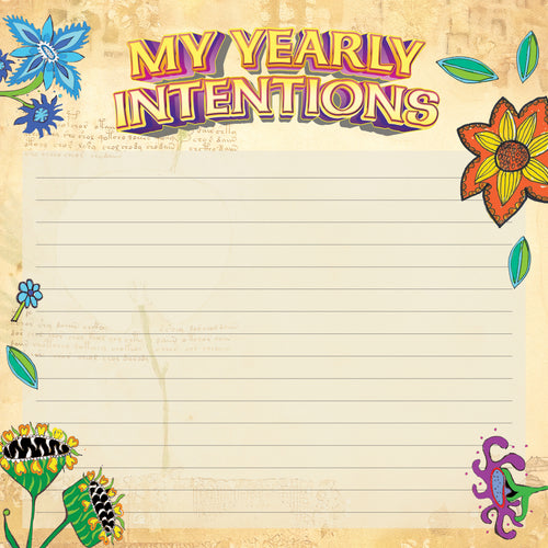 Calander page with 'My Yearly Intentions' text and floral decorations on a beige background