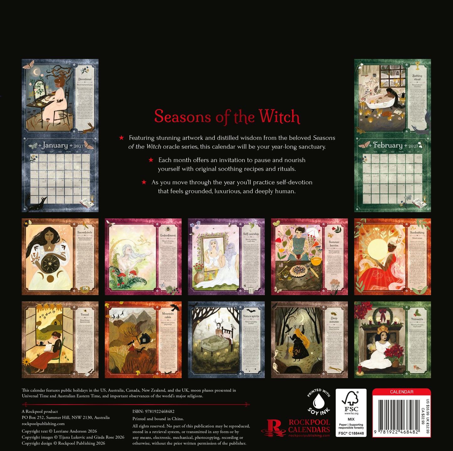 Calendar cover for 'Seasons of the Witch' with illustrations and text on a black background