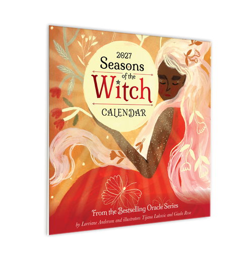 Calendar cover titled '2027 Seasons of the Witch' with an illustration of a witch in a red dress.