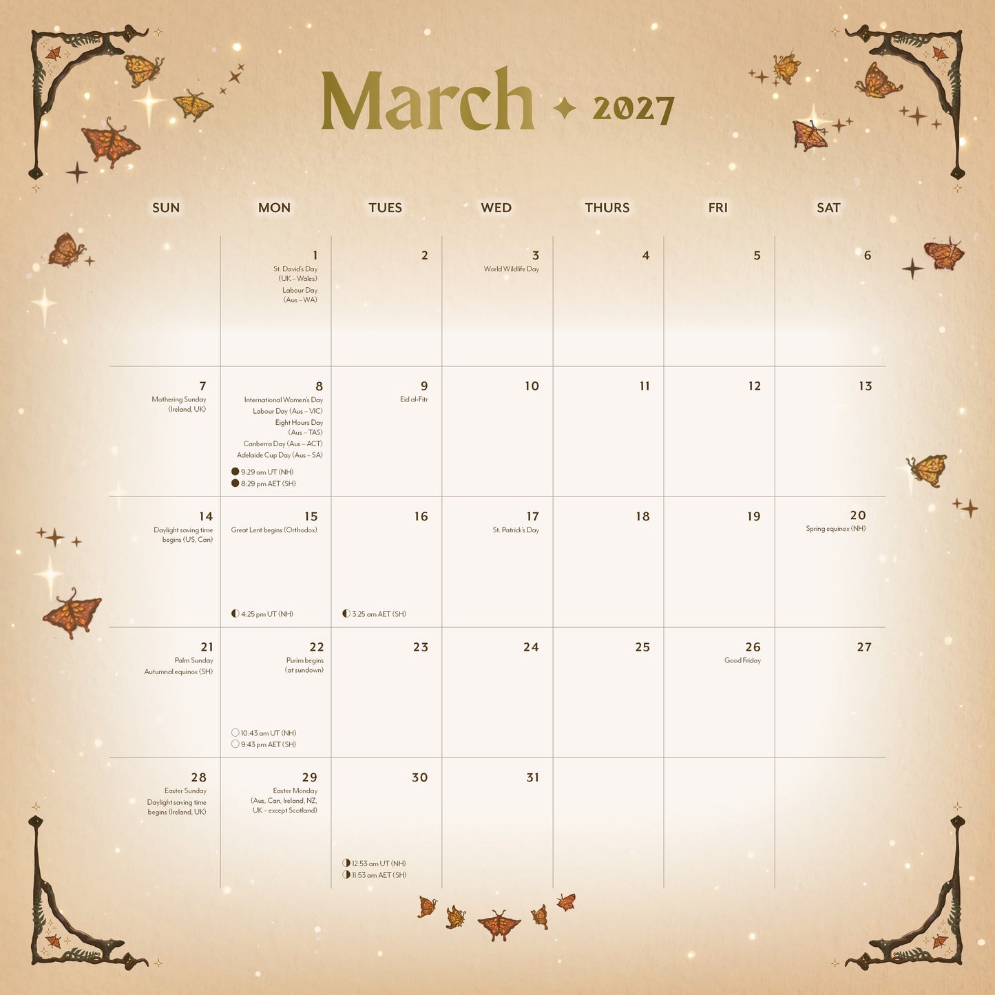 Calendar for March 2027 with decorative elements on a beige background