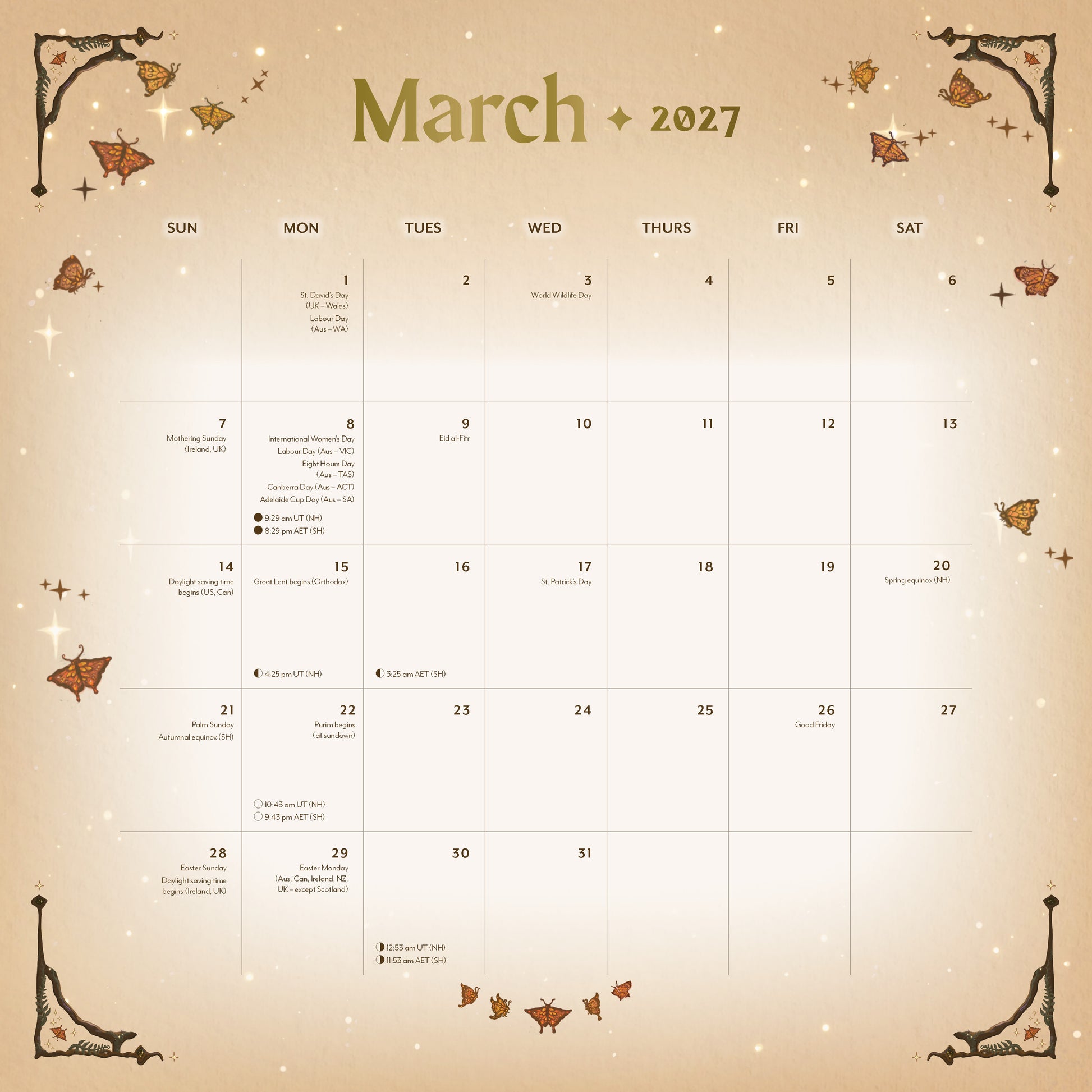 Calendar for March 2027 with decorative elements on a beige background