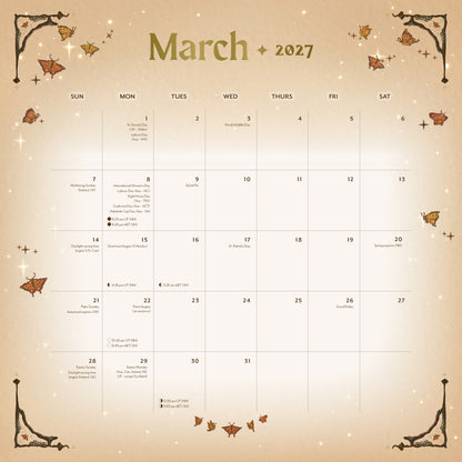 Calendar for March 2027 with decorative elements on a beige background