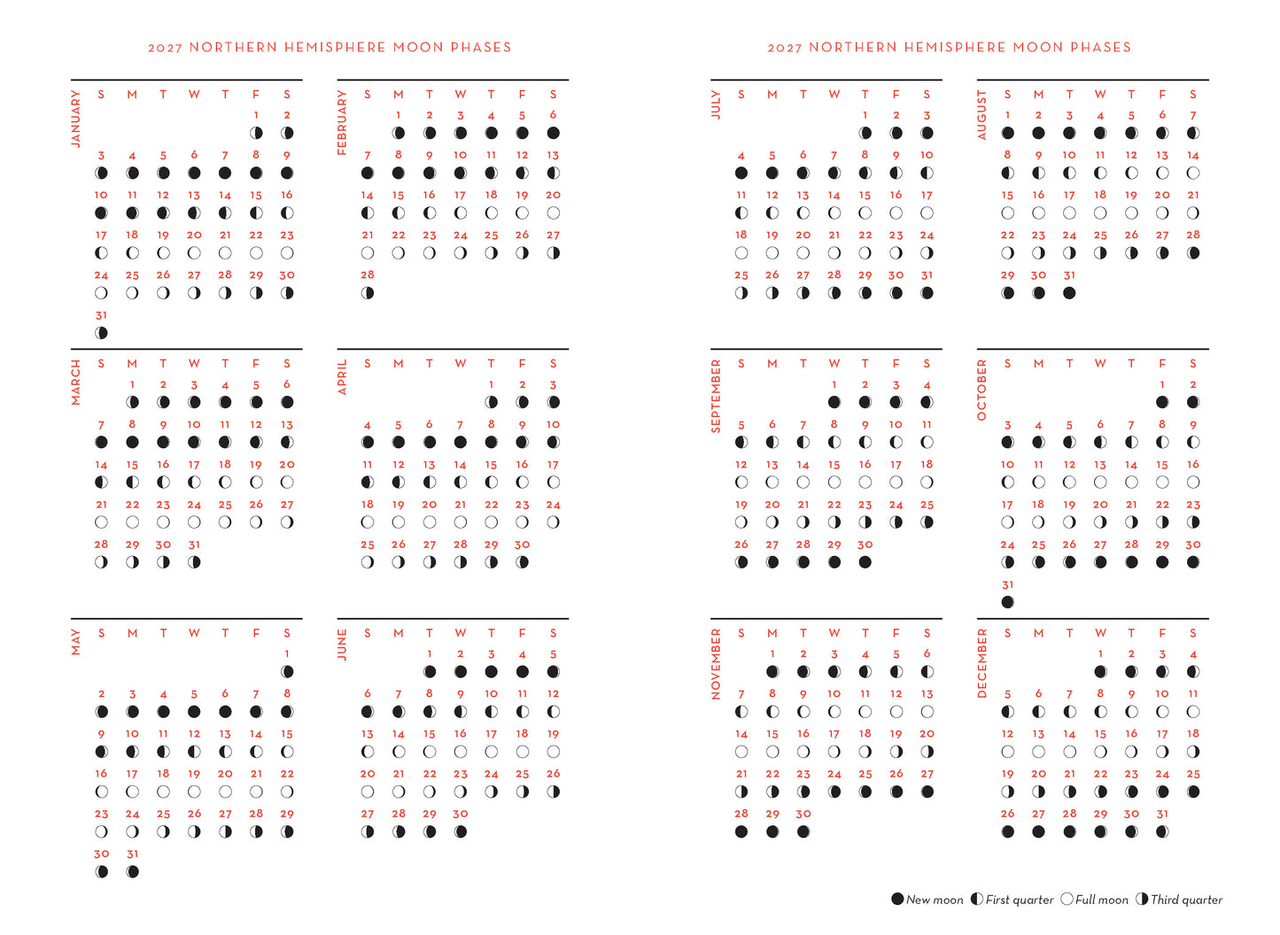 Calendar of Northern Hemisphere moon phases with black and red text on a white background