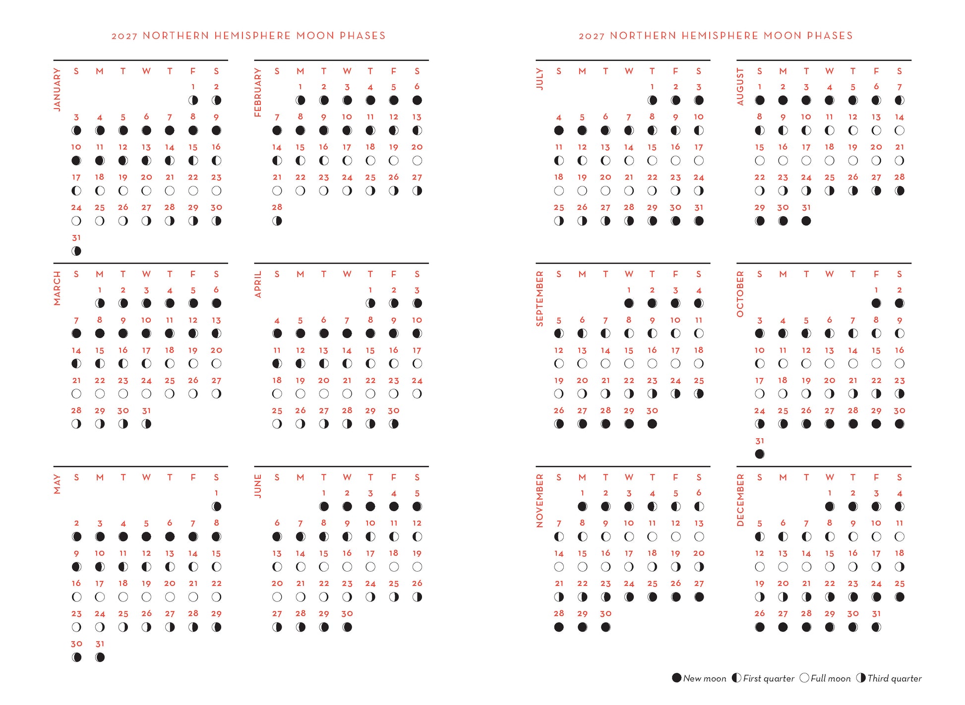 Calendar of Northern Hemisphere moon phases with black and red text on a white background