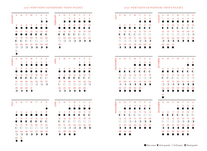 Calendar of Northern Hemisphere moon phases with black and red text on a white background