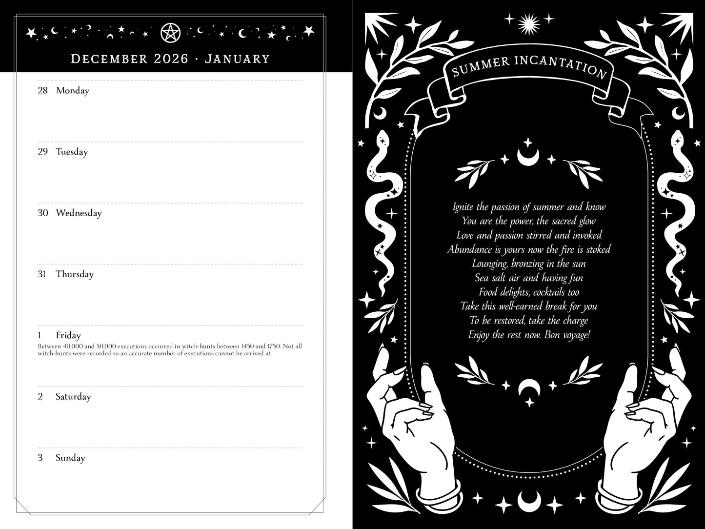 Calendar page for December 2026 to January with a 'Summer Incantation' design on a black background.