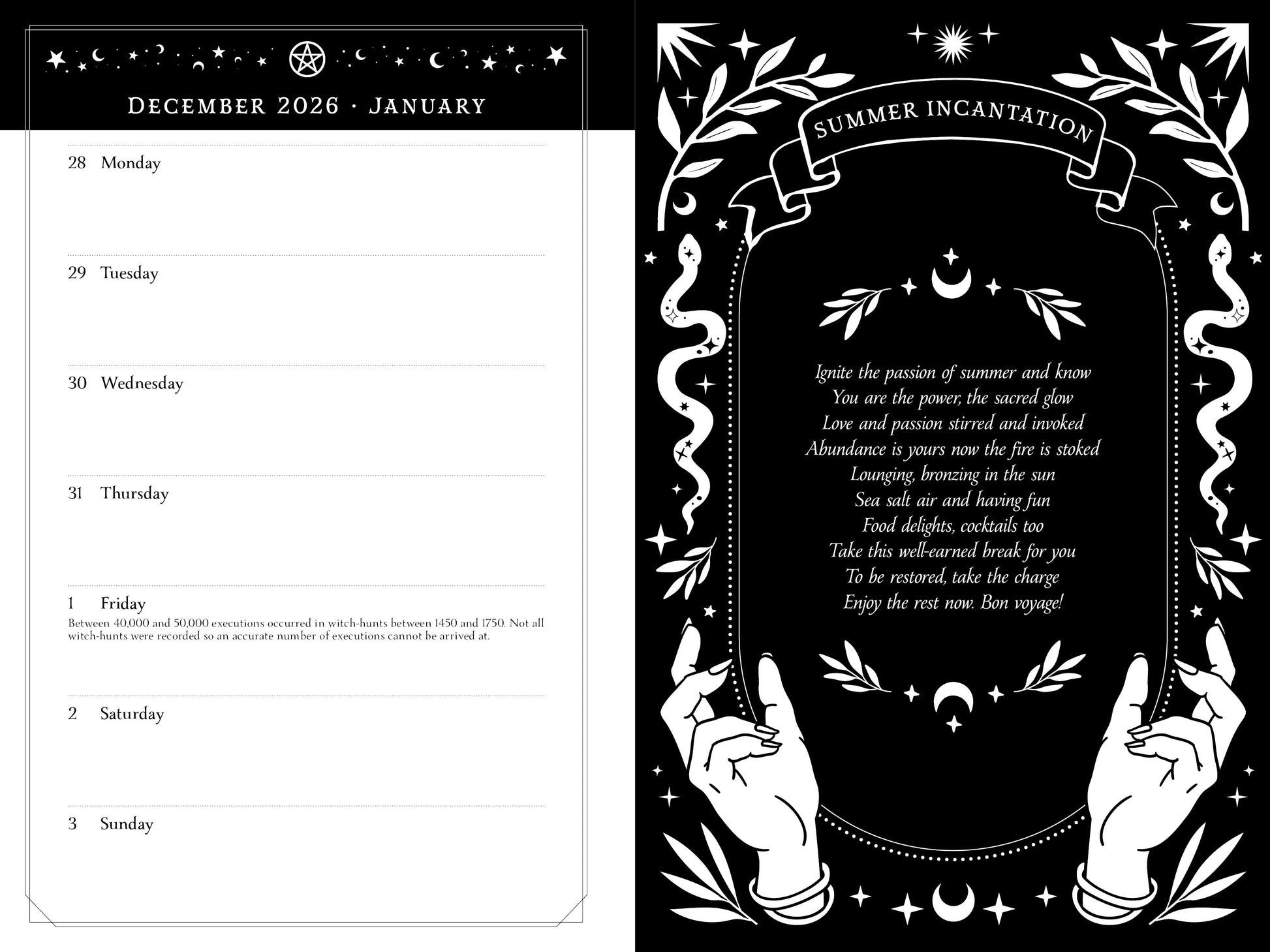 Calendar page for December 2026 to January with a 'Summer Incantation' design on a black background.