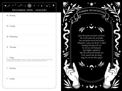 Calendar page for December 2026 to January with a 'Summer Incantation' design on a black background.