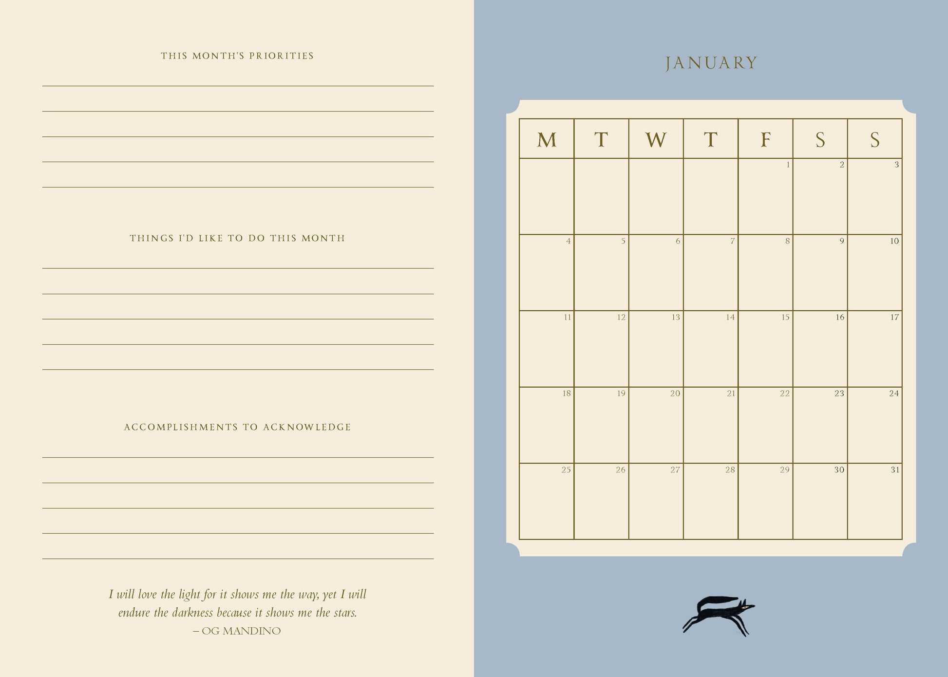 Calendar page for January with a blue background and beige text area.