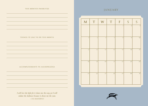 Calendar page for January with a blue background and beige text area.