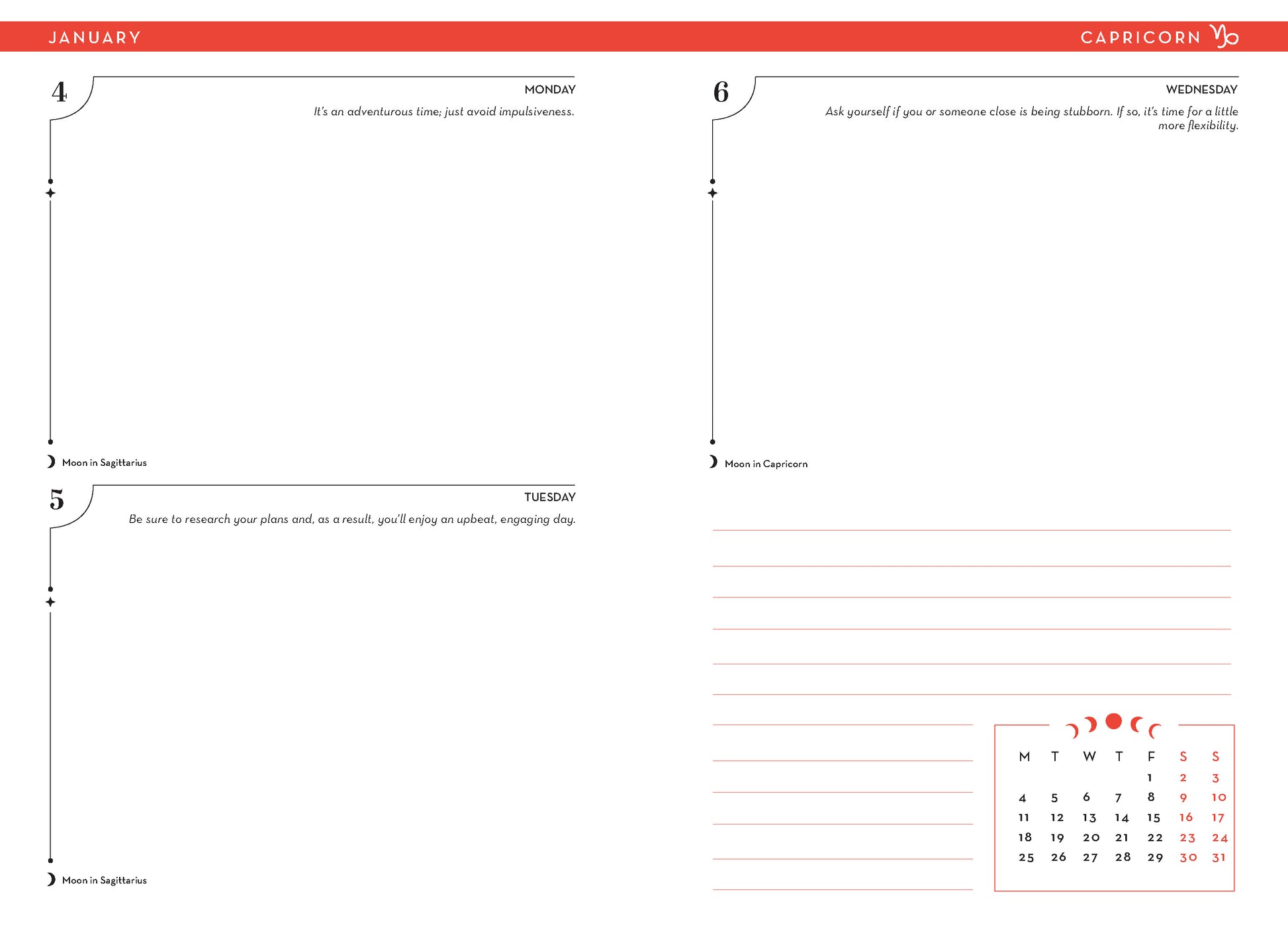 Calendar page for January with astrological sign Capricorn, days of the week, and a small calendar inset.