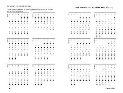 Calendar page showing moon phases for 2020 with black and white illustrations.