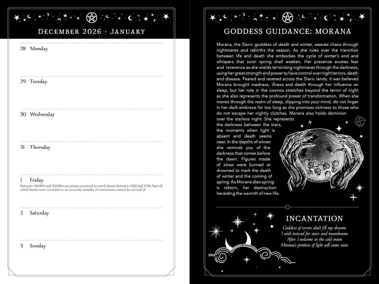 Calendar page with Goddess Guidance for Morana, featuring text and a black and white design.