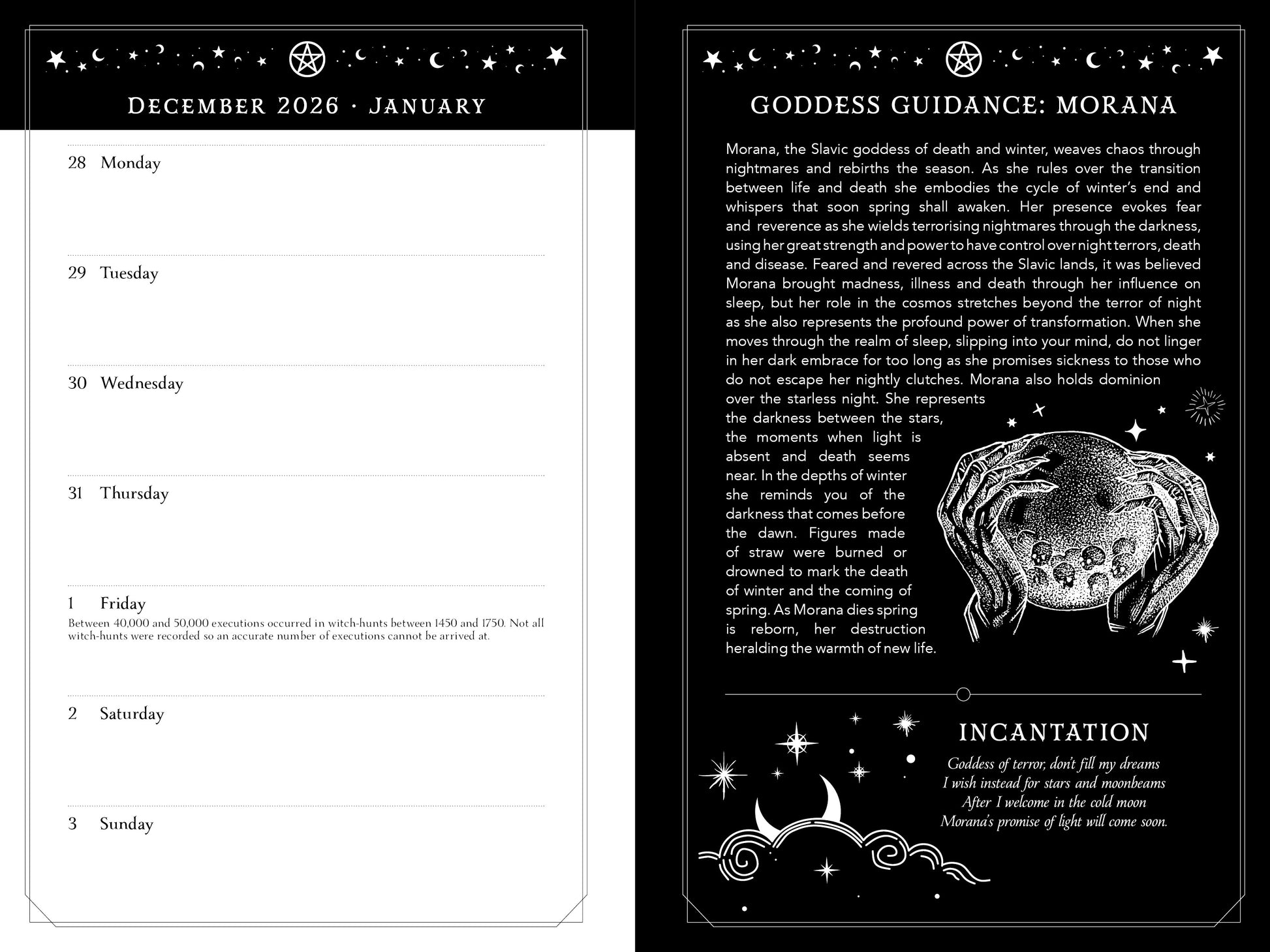 Calendar page with Goddess Guidance for Morana, featuring text and a black and white design.