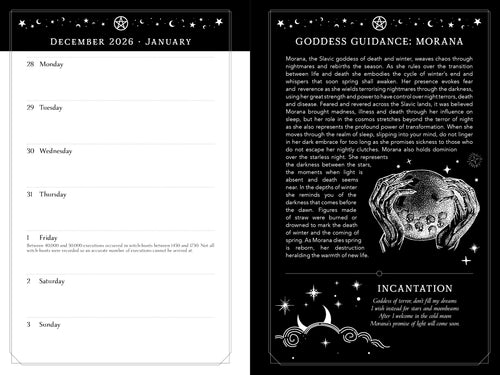 Calendar page with Goddess Guidance for Morana, featuring text and a black and white design.