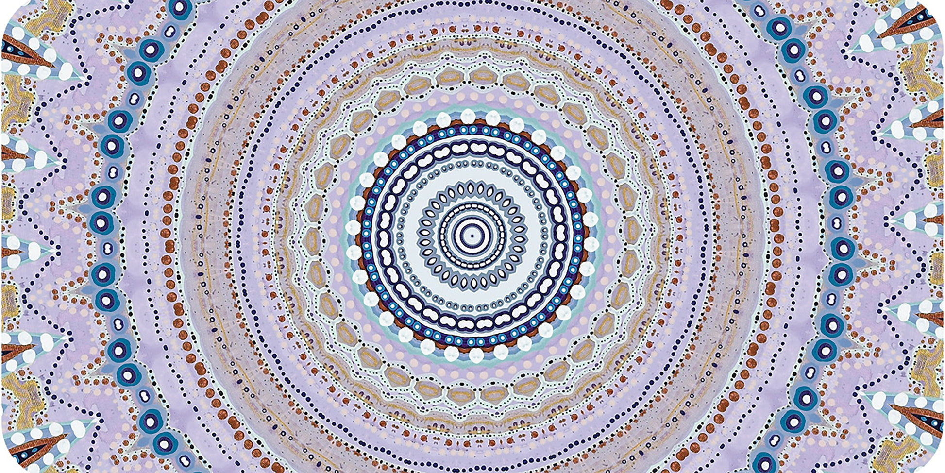 Circular pattern with concentric circles and geometric shapes in blue, brown, and purple.