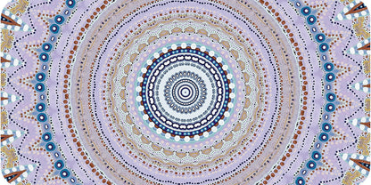 Circular pattern with concentric circles and geometric shapes in blue, brown, and purple.