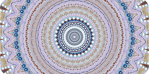 Circular pattern with concentric circles and geometric shapes in blue, brown, and purple.