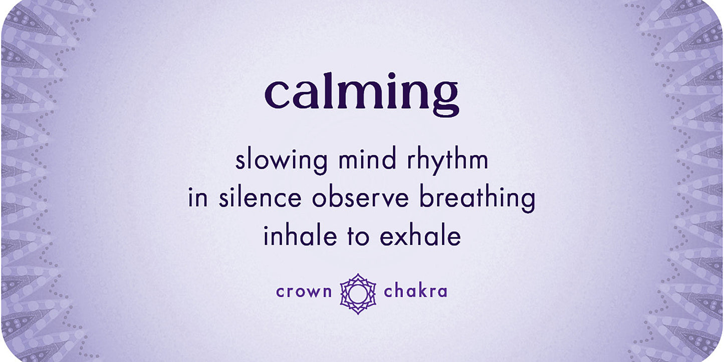 Purple card with text on slowing mind rhythm and crown chakra symbol