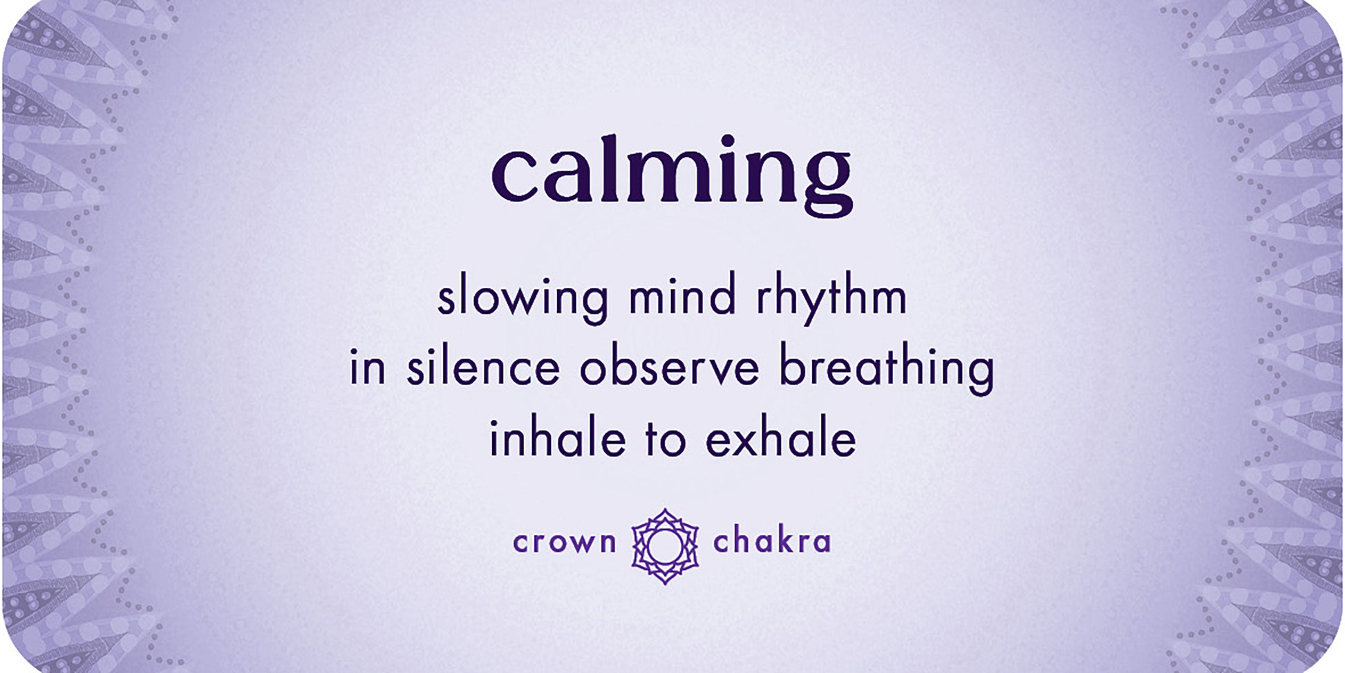 Purple card with text on slowing mind rhythm and crown chakra symbol