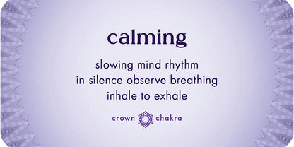 Purple card with text on slowing mind rhythm and crown chakra symbol