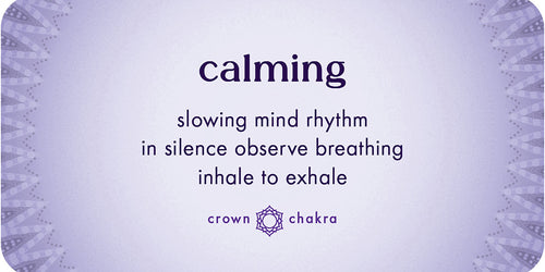 Purple card with text on slowing mind rhythm and crown chakra symbol