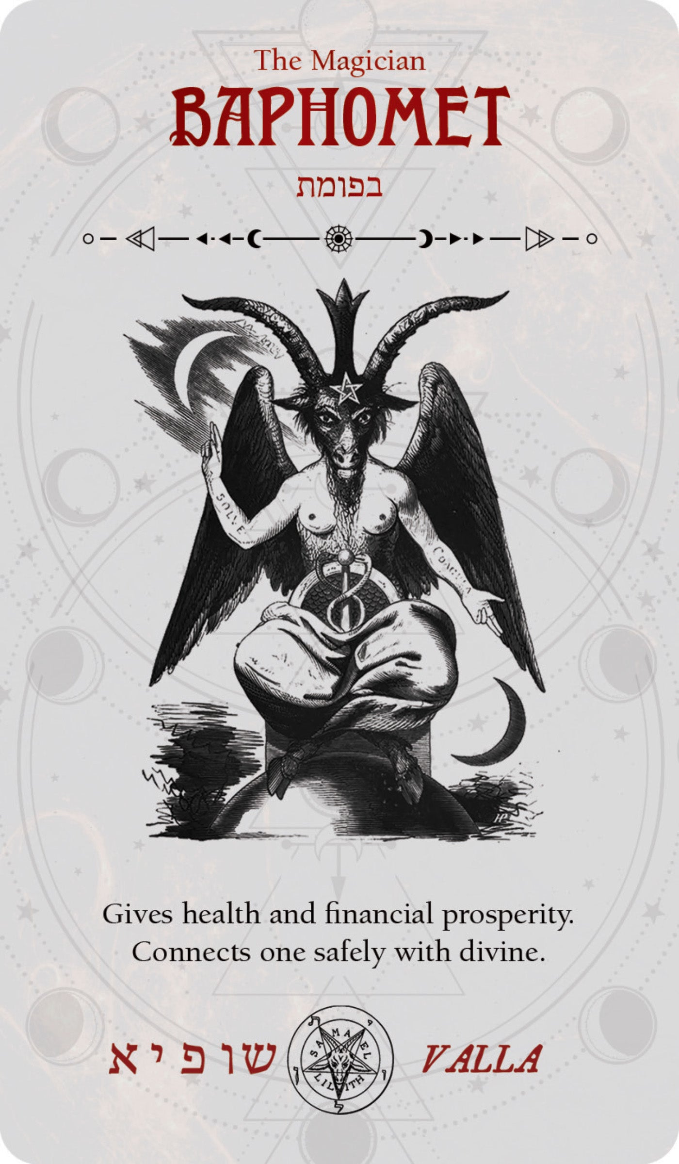Card featuring Baphomet with text and symbols on a white background