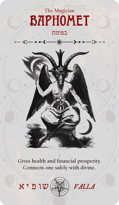 Card featuring Baphomet with text and symbols on a white background