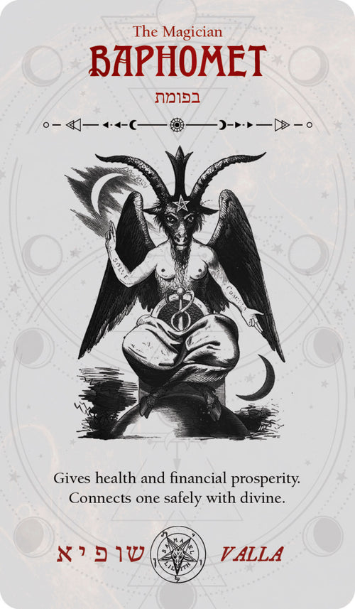 Card featuring Baphomet with text and symbols on a white background