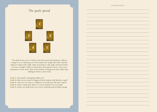 Card spreads with text and numbers on a blue and beige background