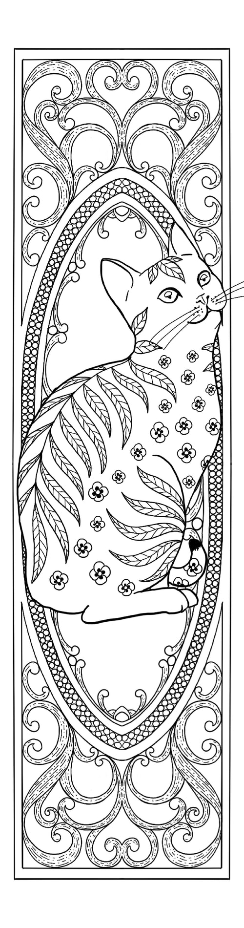 Black and white illustration of a fox with intricate patterns, framed by decorative elements.