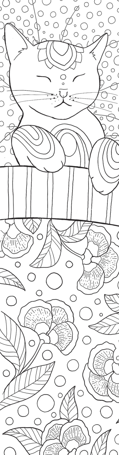 Coloring book page with a cat and floral patterns