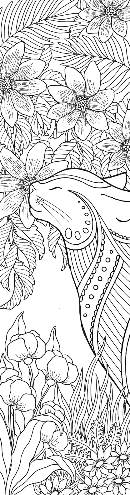 Black and white line art of a horse among flowers and leaves