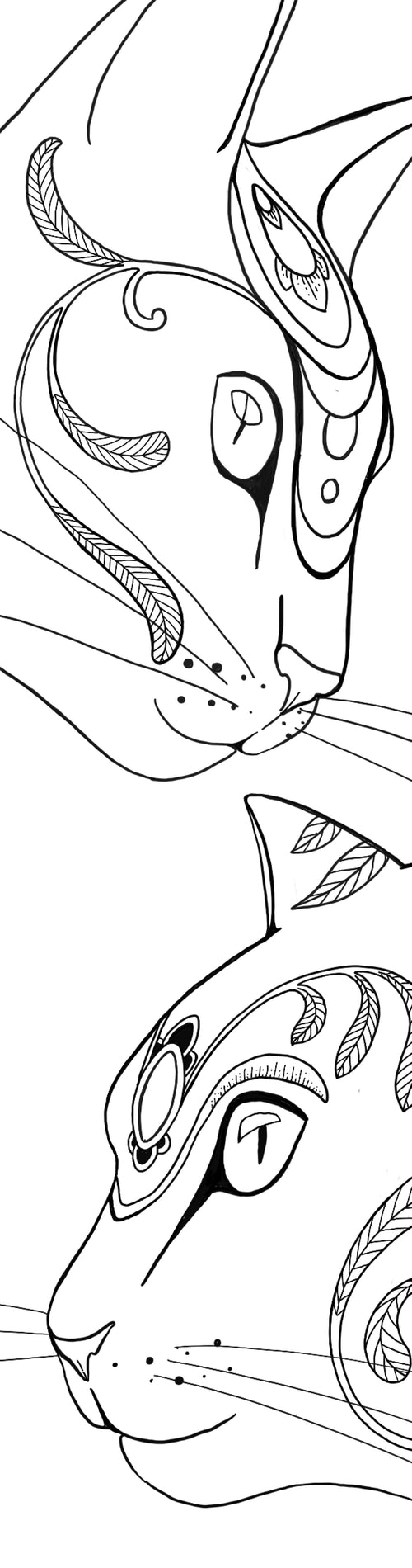 Artistic line drawing of a stylized cat's face with intricate patterns.