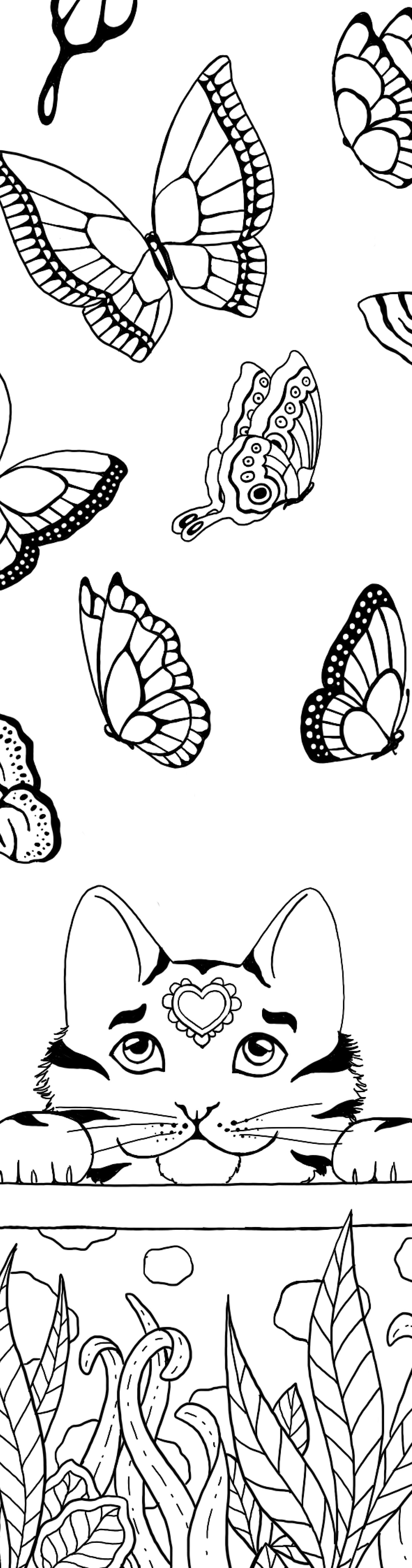 Coloring book page with cat, butterfly, and underwater scene illustrations.