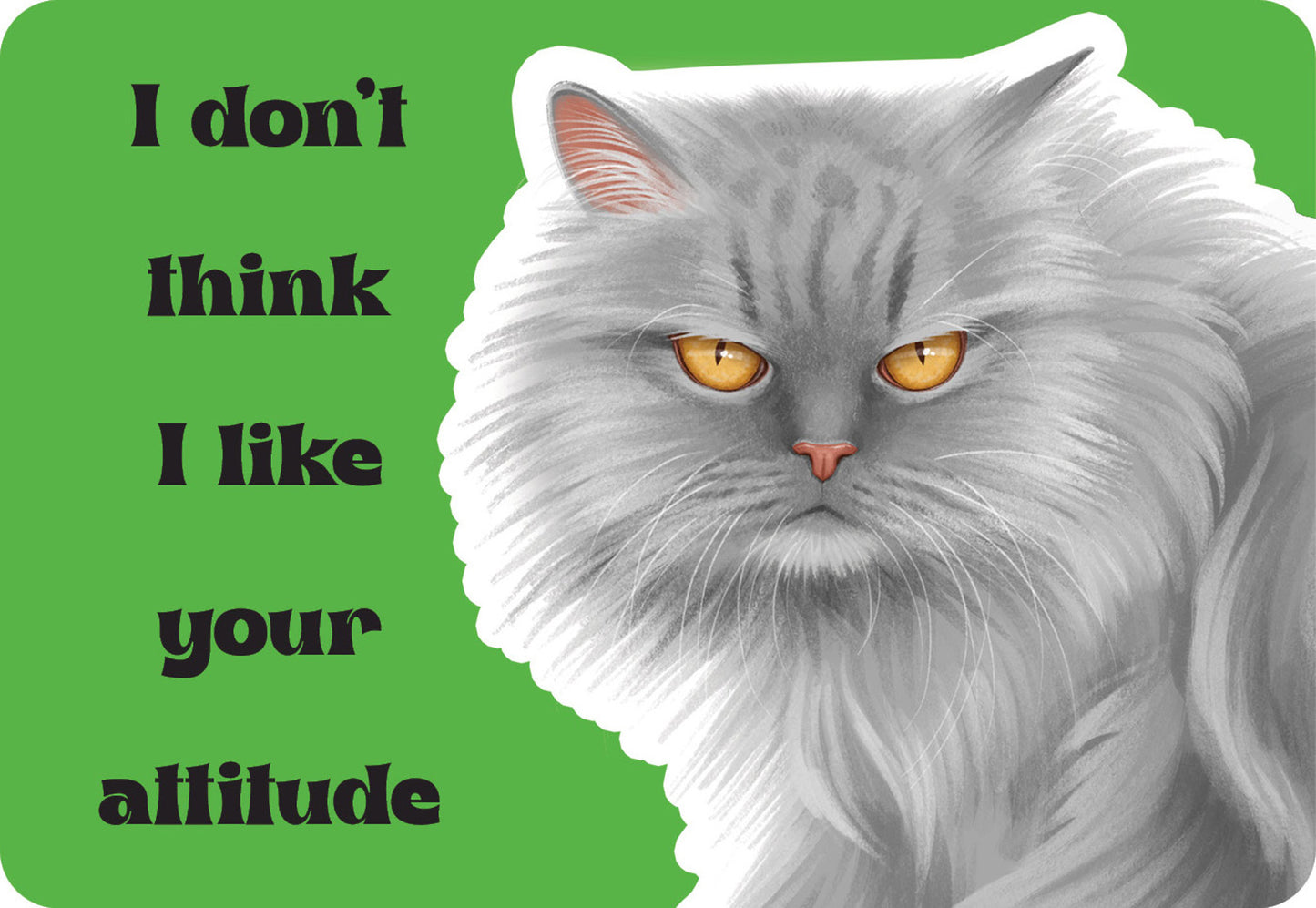 Gray cat with yellow eyes on a green background with text