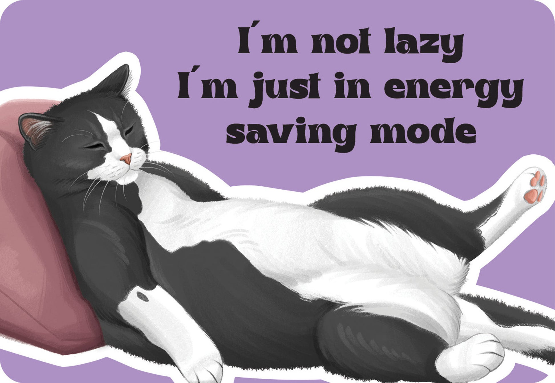 Cat lying down with humorous text on a purple background