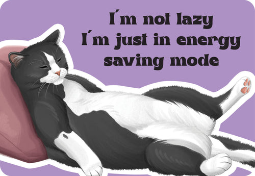 Cat lying down with humorous text on a purple background