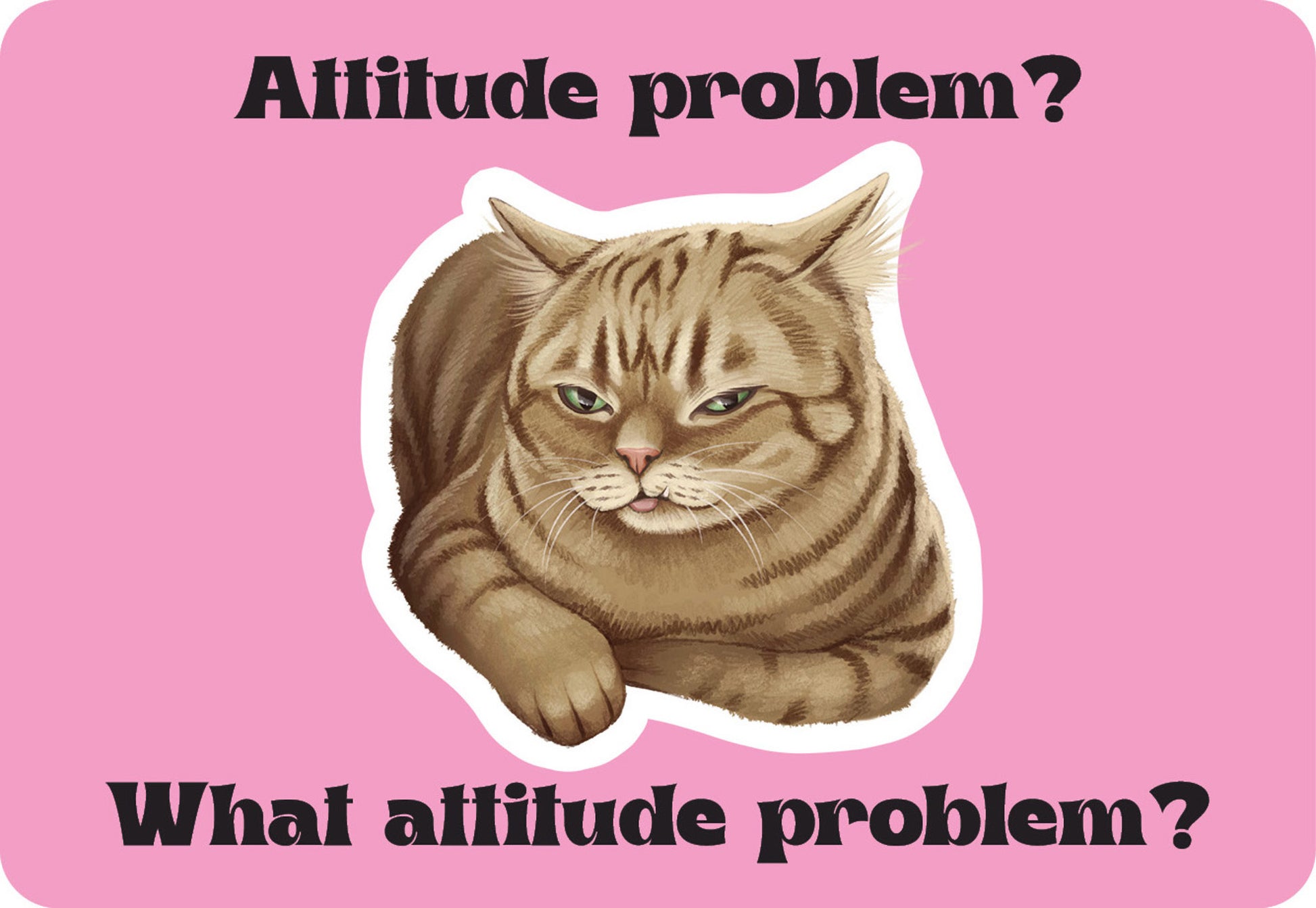 Cat with text 'Attitude problem?' on a pink background