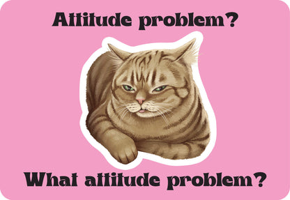 Cat with text 'Attitude problem?' on a pink background