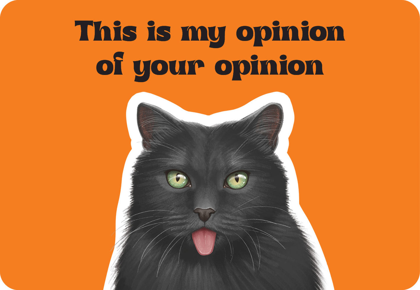 Black cat with green eyes on an orange background with text