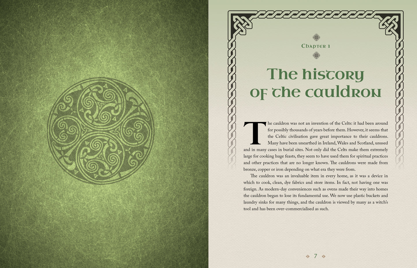 Book open to a page about the history of the cauldron with a decorative green design on the cover.