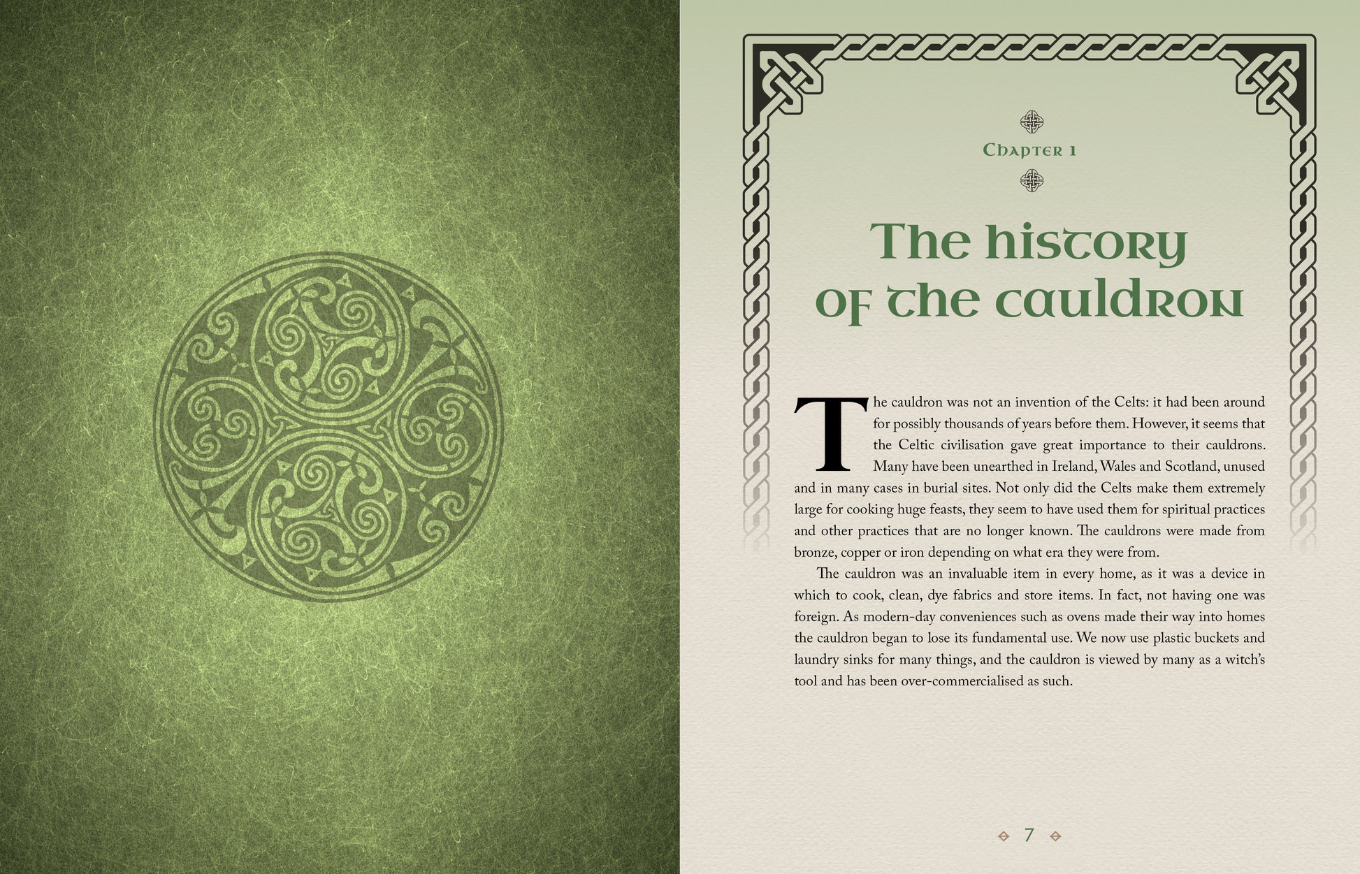 Book open to a page about the history of the cauldron with a decorative green design on the cover.