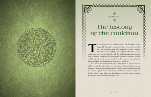 Book open to a page about the history of the cauldron with a decorative green design on the cover.