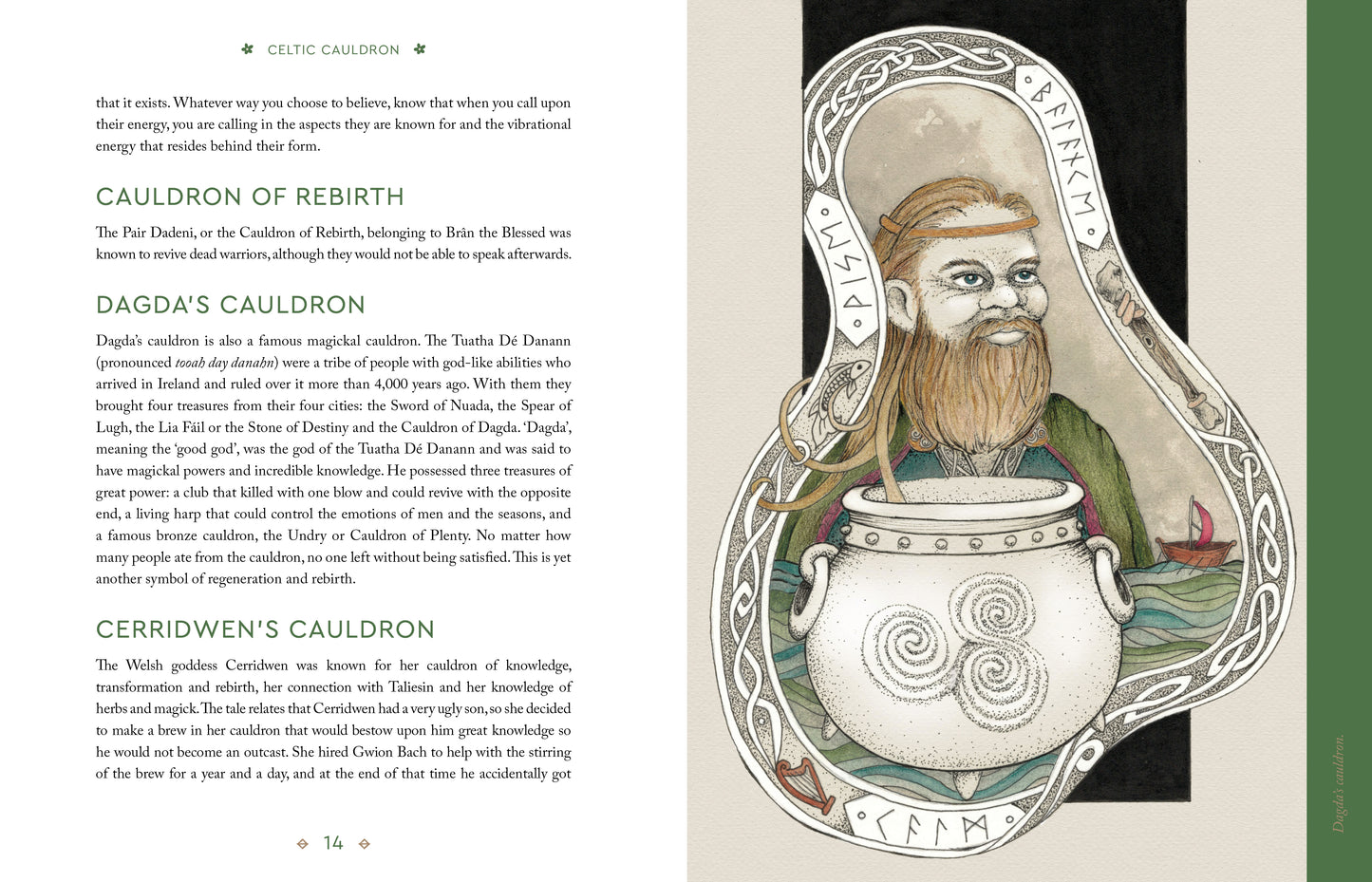 Illustration of a cauldron with a person's face on the lid, surrounded by text about different types of cauldrons.