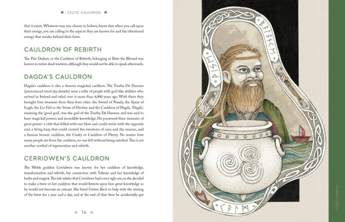 Illustration of a cauldron with a person's face on the lid, surrounded by text about different types of cauldrons.